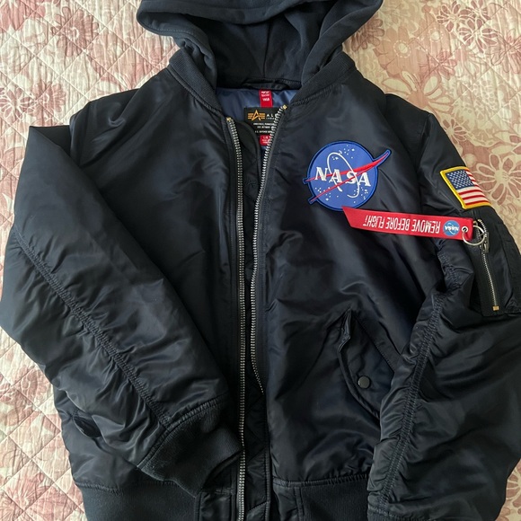 Alpha Industries hooded NASA Navy blue Bomber Jacket. - Picture 1 of 3